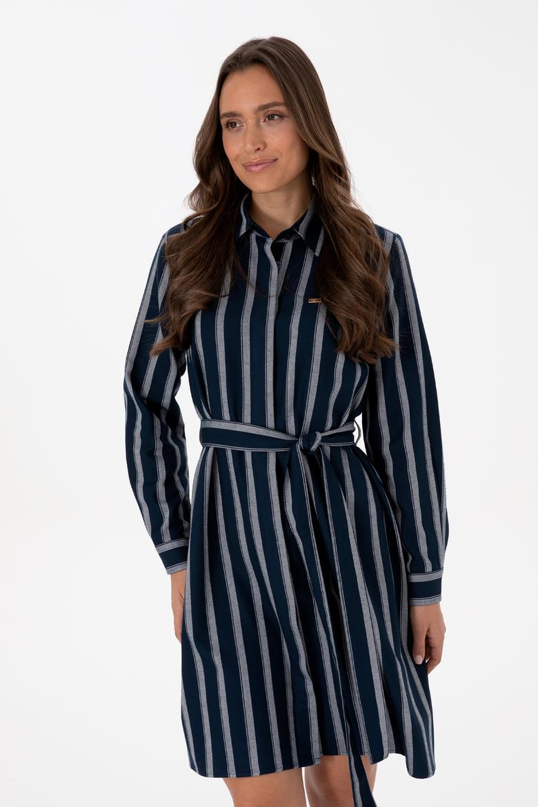 Kadın Lacivert Çizgili Kemerli Dokuma Elbise - 50316604005