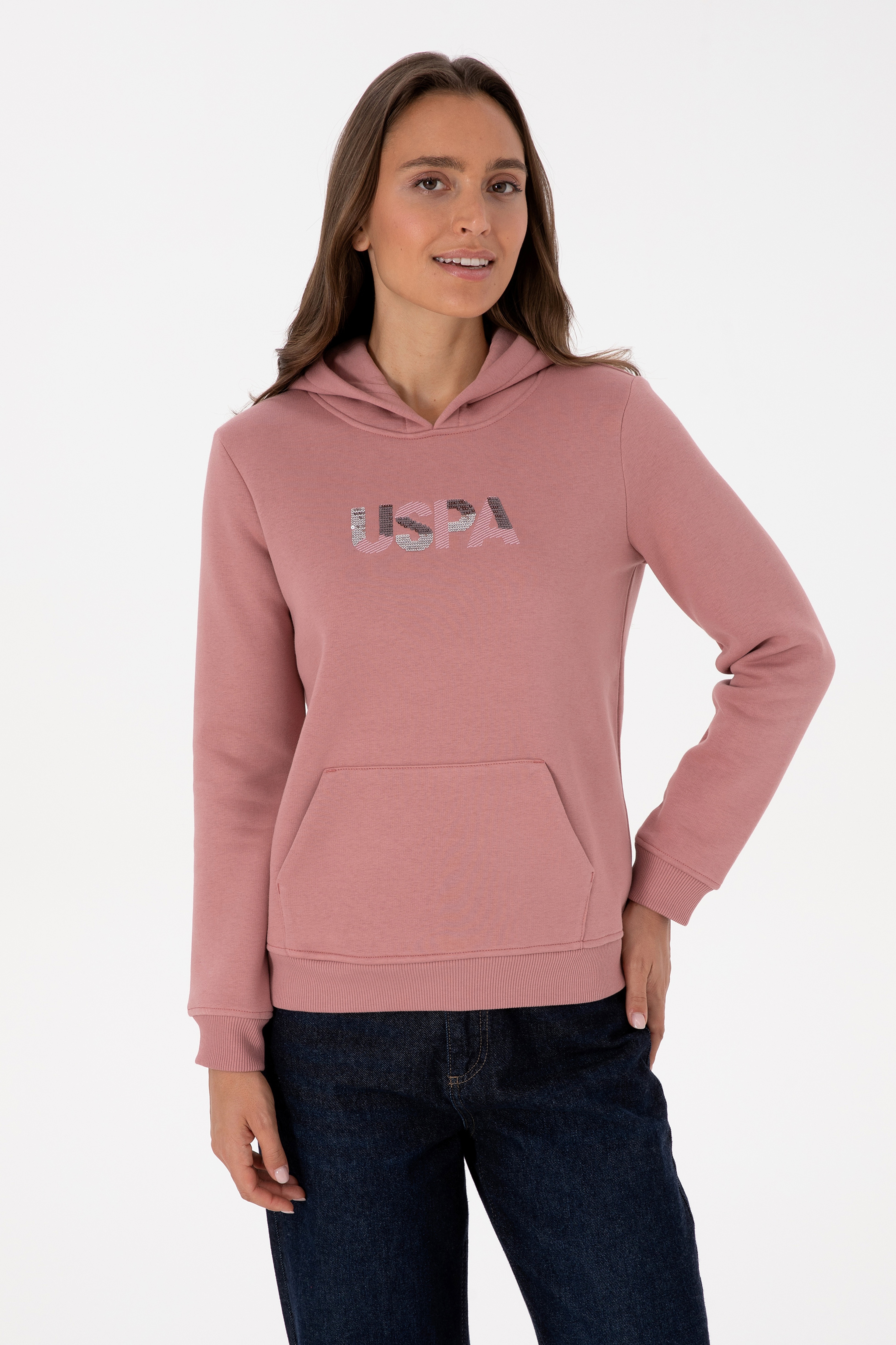 Kadın Gül Kurusu Kapüşonlu Basic Sweatshirt - Image 1