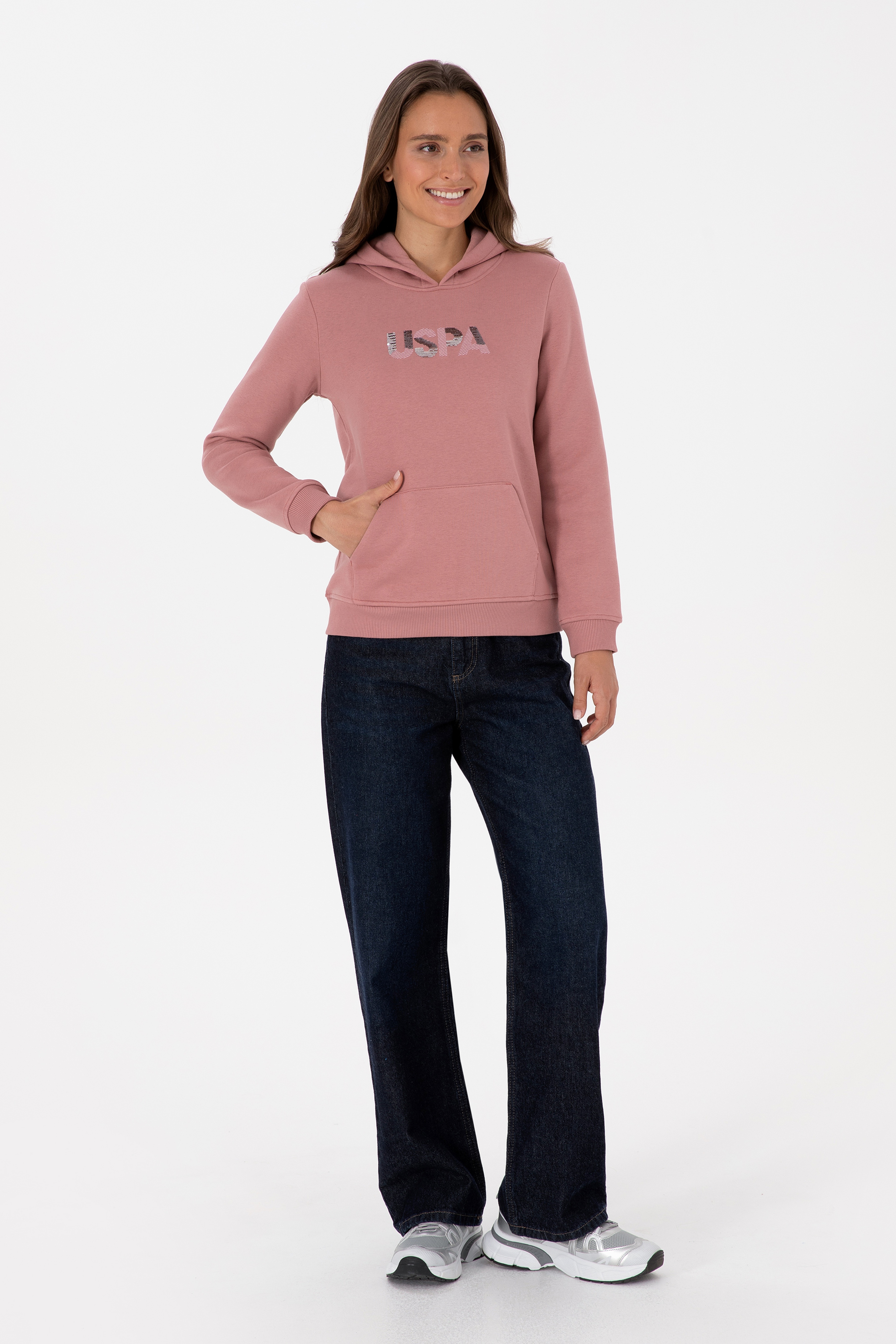 Kadın Gül Kurusu Kapüşonlu Basic Sweatshirt
