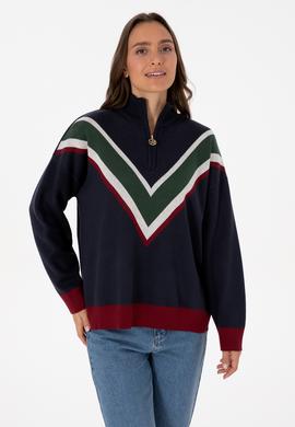 Kadın Lacivert V Yaka Fermuarlı Kazak - 50309614004