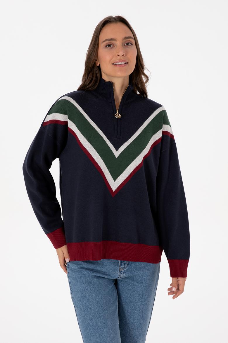 Kadın Lacivert V Yaka Fermuarlı Kazak - 50309614004