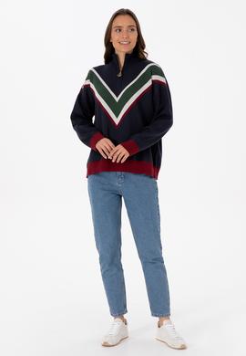 Kadın Lacivert V Yaka Fermuarlı Kazak - 50309614004