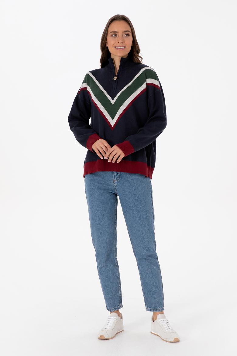 Kadın Lacivert V Yaka Fermuarlı Kazak - 50309614004