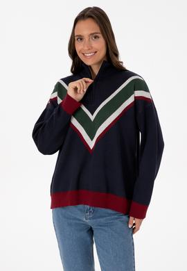 Kadın Lacivert V Yaka Fermuarlı Kazak - 50309614004