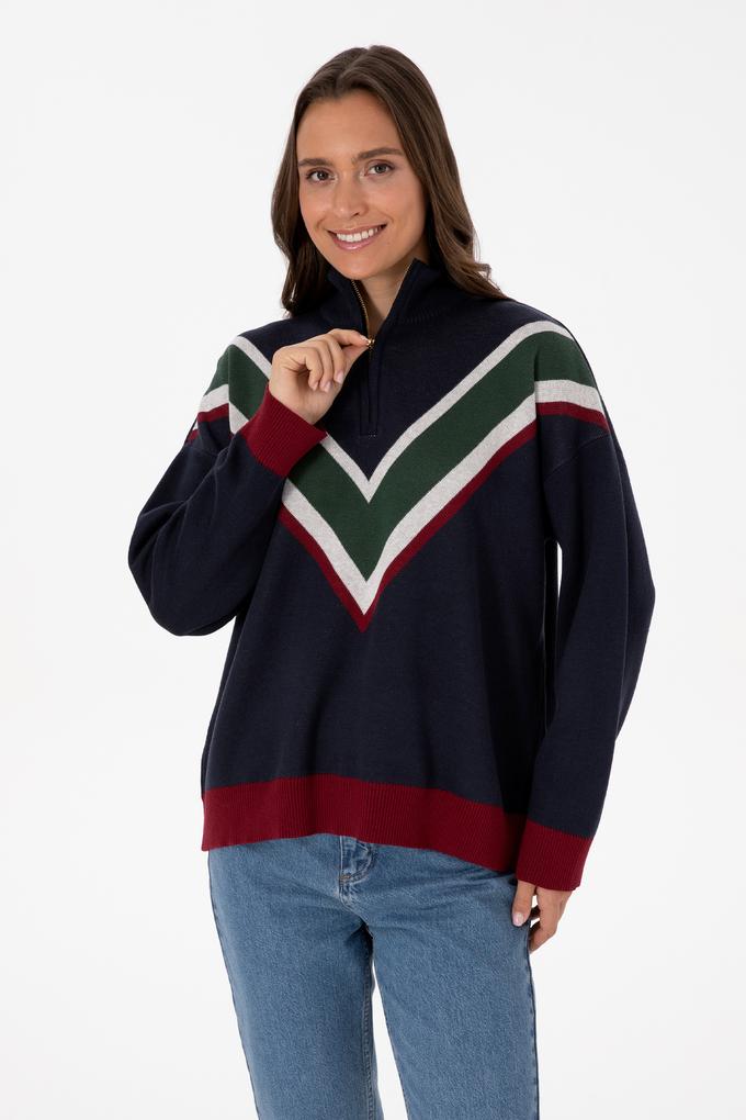 Kadın Lacivert V Yaka Fermuarlı Kazak