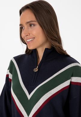 Kadın Lacivert V Yaka Fermuarlı Kazak - 50309614004