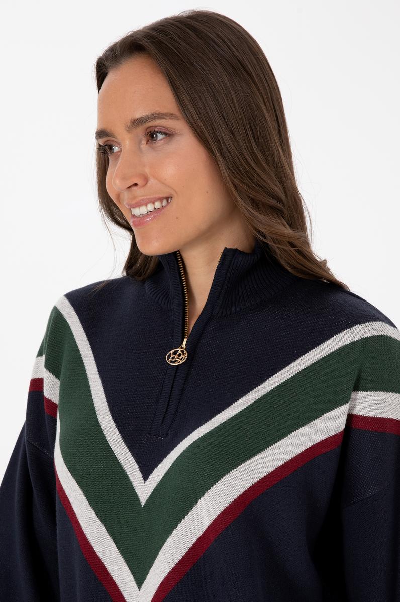 Kadın Lacivert V Yaka Fermuarlı Kazak