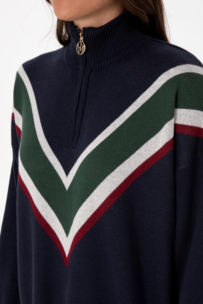 Kadın Lacivert V Yaka Fermuarlı Kazak - 50309614004