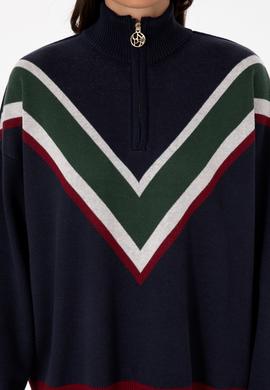 Kadın Lacivert V Yaka Fermuarlı Kazak - 50309614004