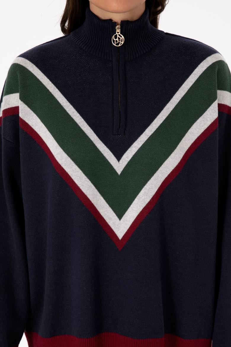 Kadın Lacivert V Yaka Fermuarlı Kazak - 50309614004