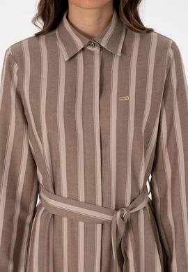 Kadın Kahverengi Çizgili Kemerli Dokuma Elbise - 50316604018