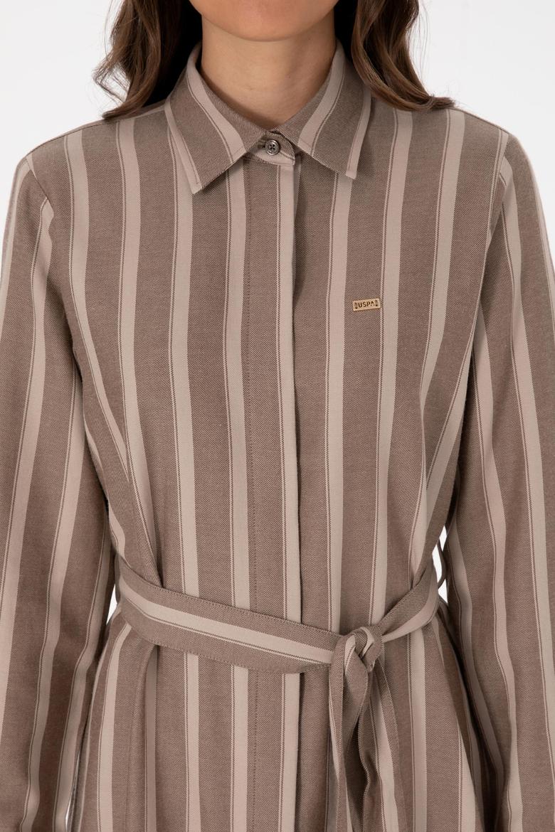 Kadın Kahverengi Çizgili Kemerli Dokuma Elbise - 50316604018