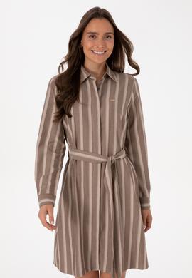 Kadın Kahverengi Çizgili Kemerli Dokuma Elbise - 50316604018