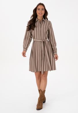 Kadın Kahverengi Çizgili Kemerli Dokuma Elbise - 50316604018