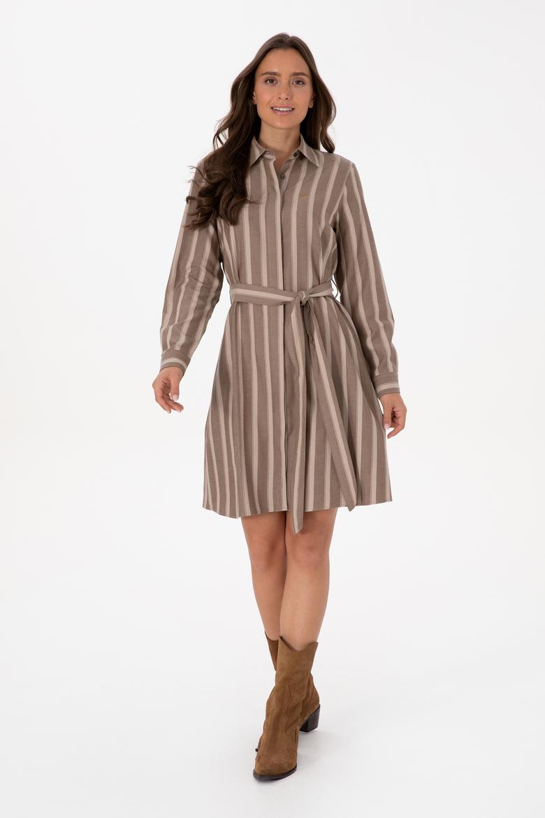 Kadın Kahverengi Çizgili Kemerli Dokuma Elbise - 50316604018