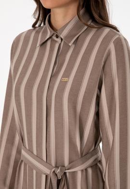 Kadın Kahverengi Çizgili Kemerli Dokuma Elbise - 50316604018