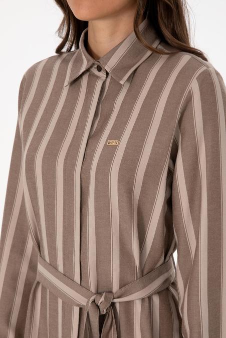 Kadın Kahverengi Çizgili Kemerli Dokuma Elbise