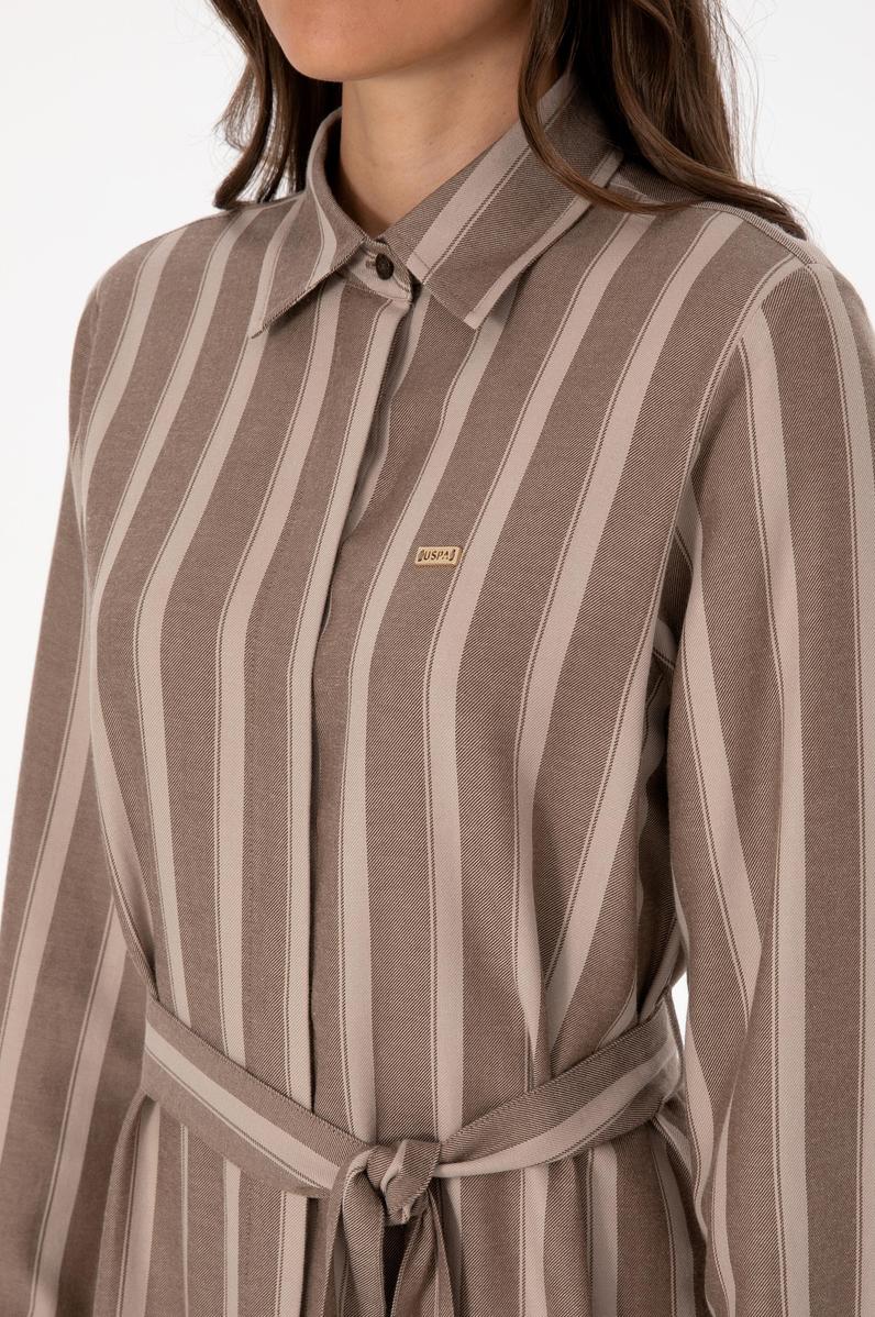 Kadın Kahverengi Çizgili Kemerli Dokuma Elbise