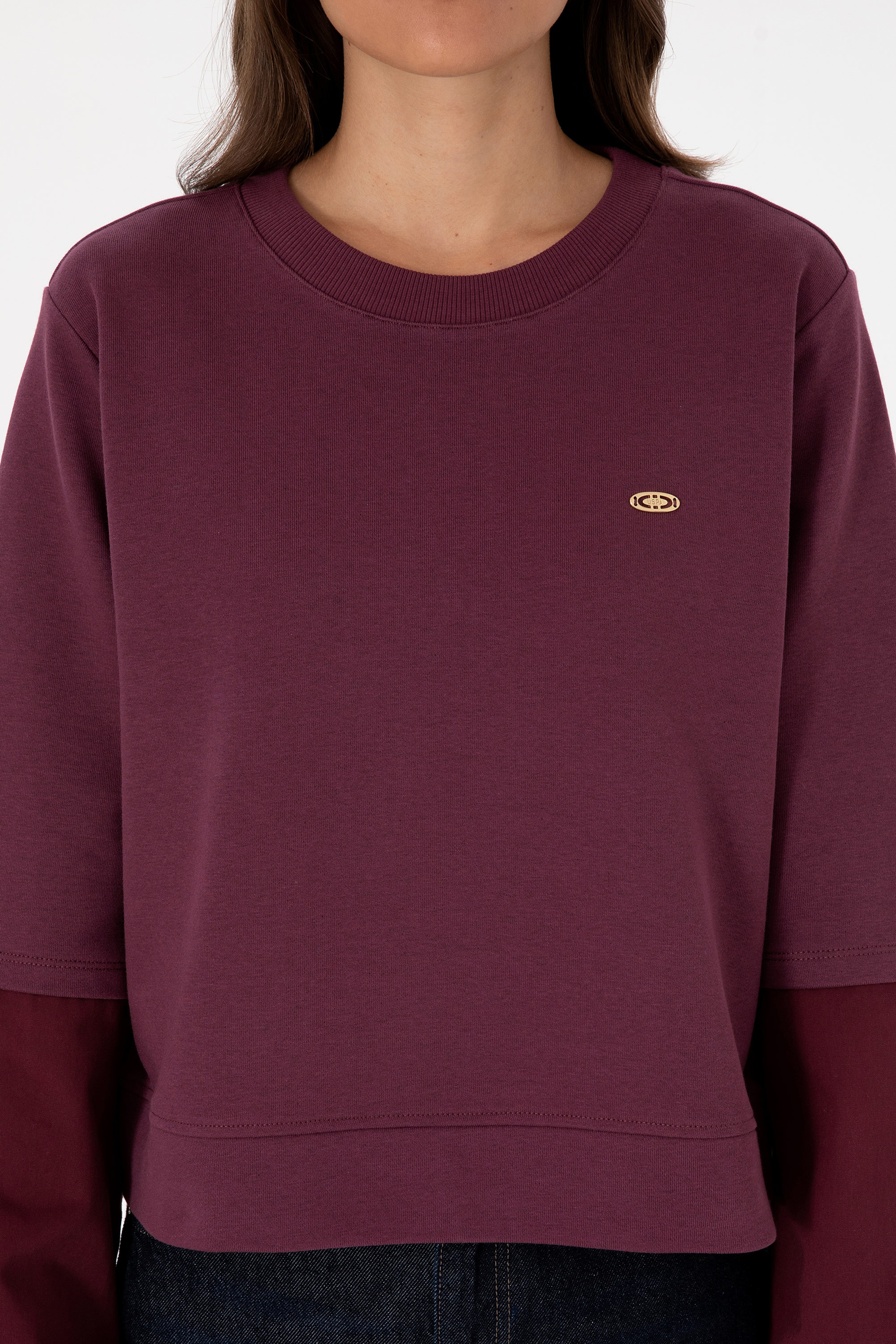 Kadın Bordo Gömlek Detaylı Bisiklet Yaka Sweatshirt