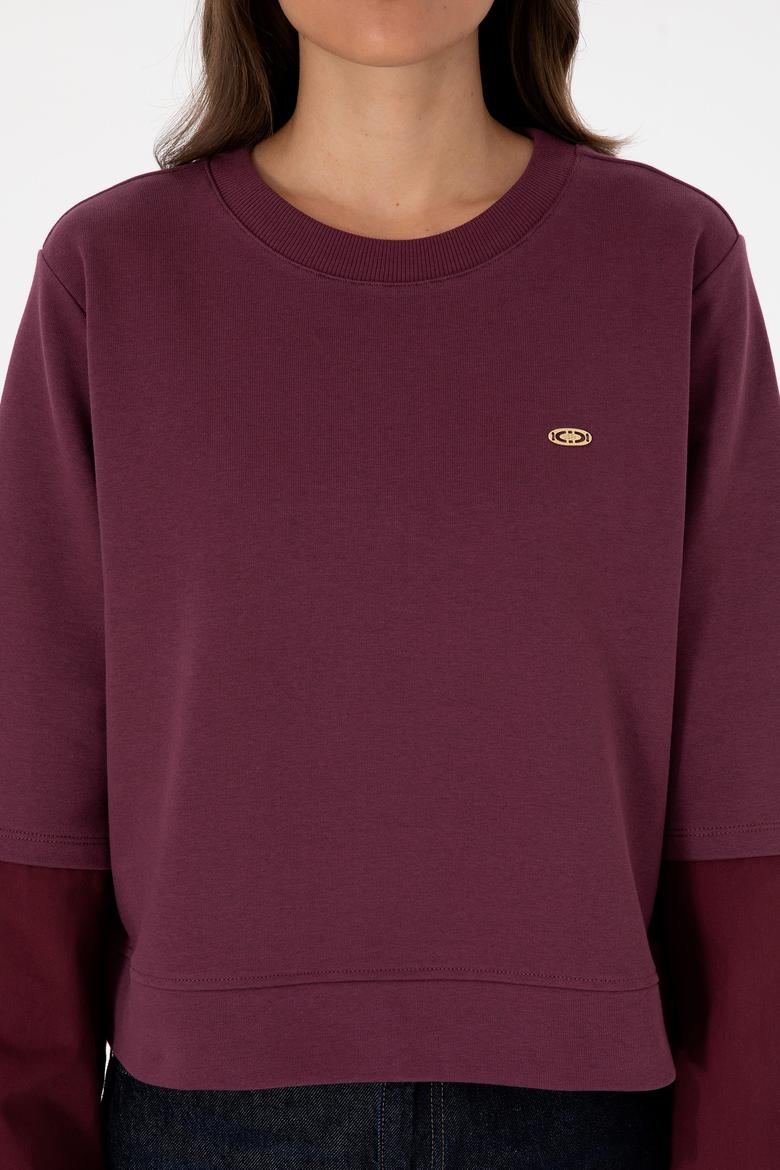 Kadın Bordo Gömlek Detaylı Bisiklet Yaka Sweatshirt - 50315303005