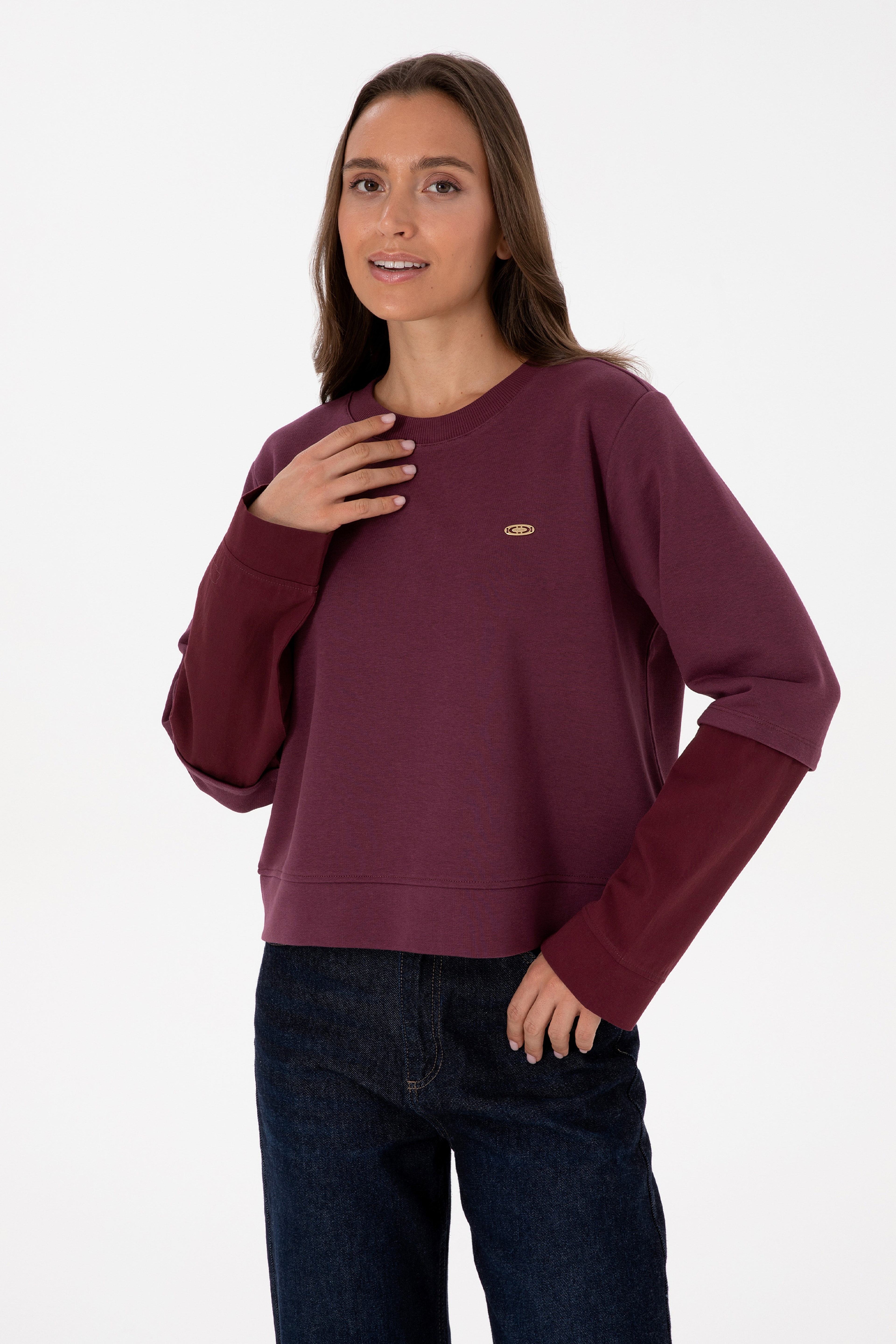 Kadın Bordo Gömlek Detaylı Bisiklet Yaka Sweatshirt - Image 1