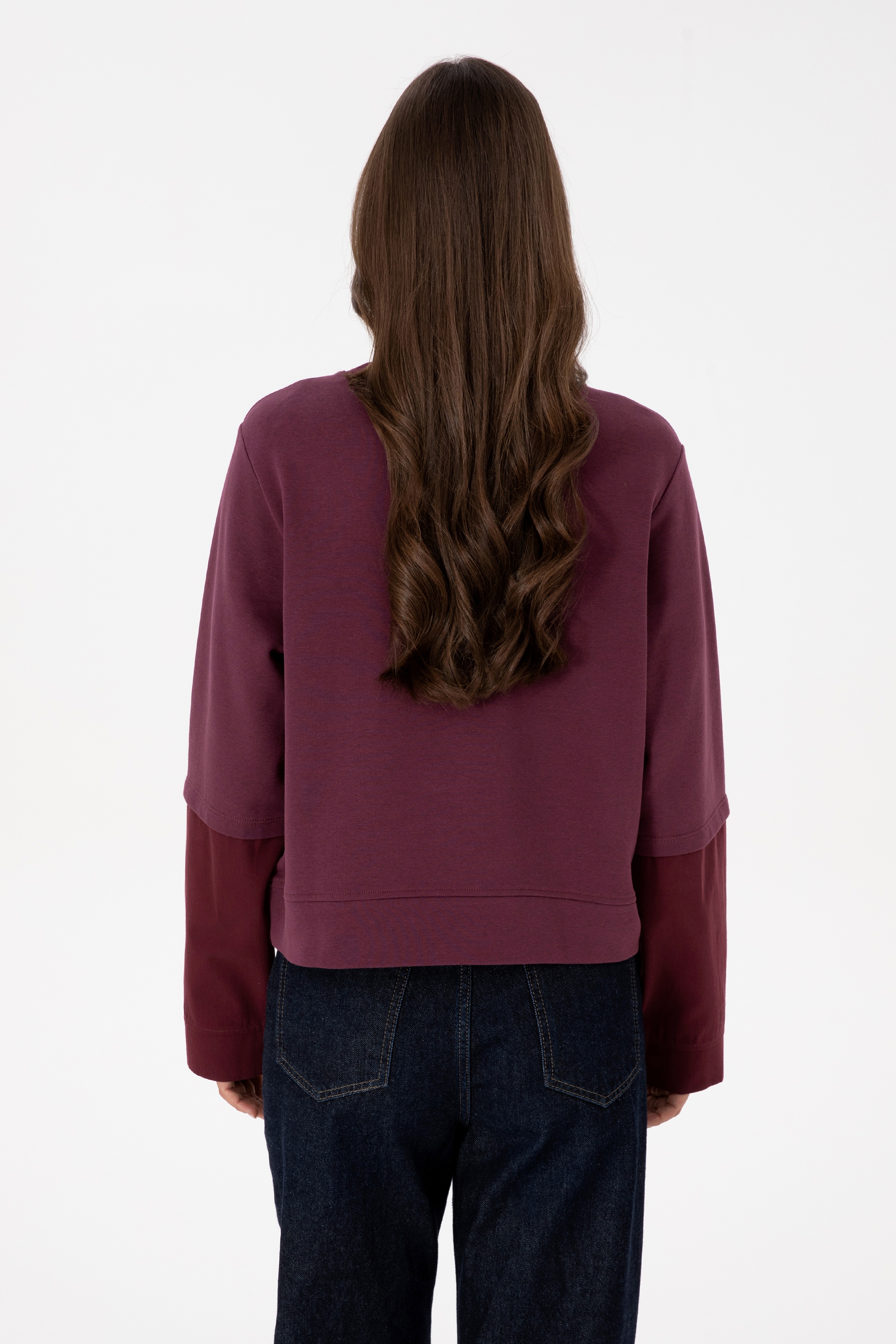 Kadın Bordo Gömlek Detaylı Bisiklet Yaka Sweatshirt - Image 5