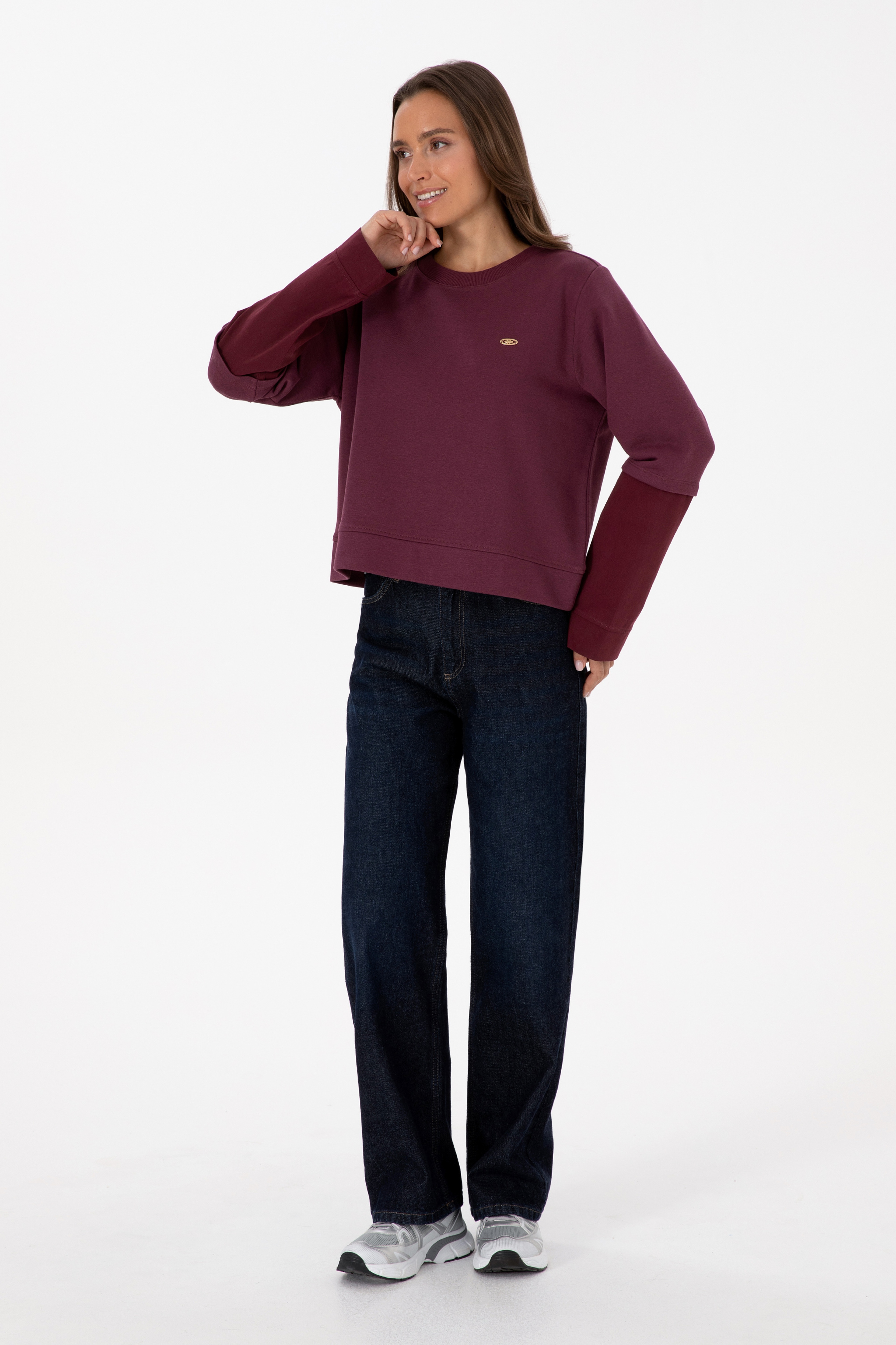 Kadın Bordo Gömlek Detaylı Bisiklet Yaka Sweatshirt - Image 4
