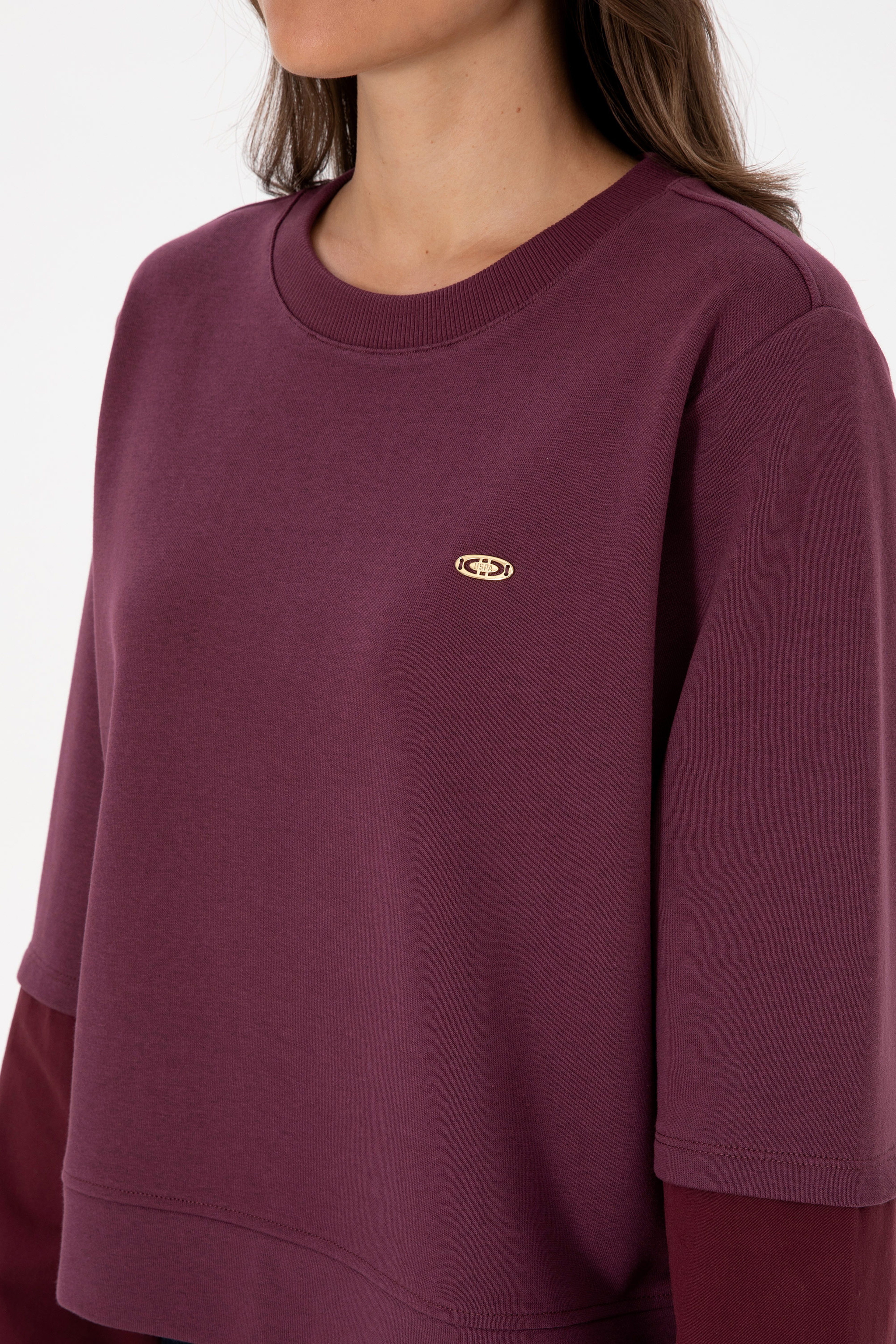 Kadın Bordo Gömlek Detaylı Bisiklet Yaka Sweatshirt - Image 7