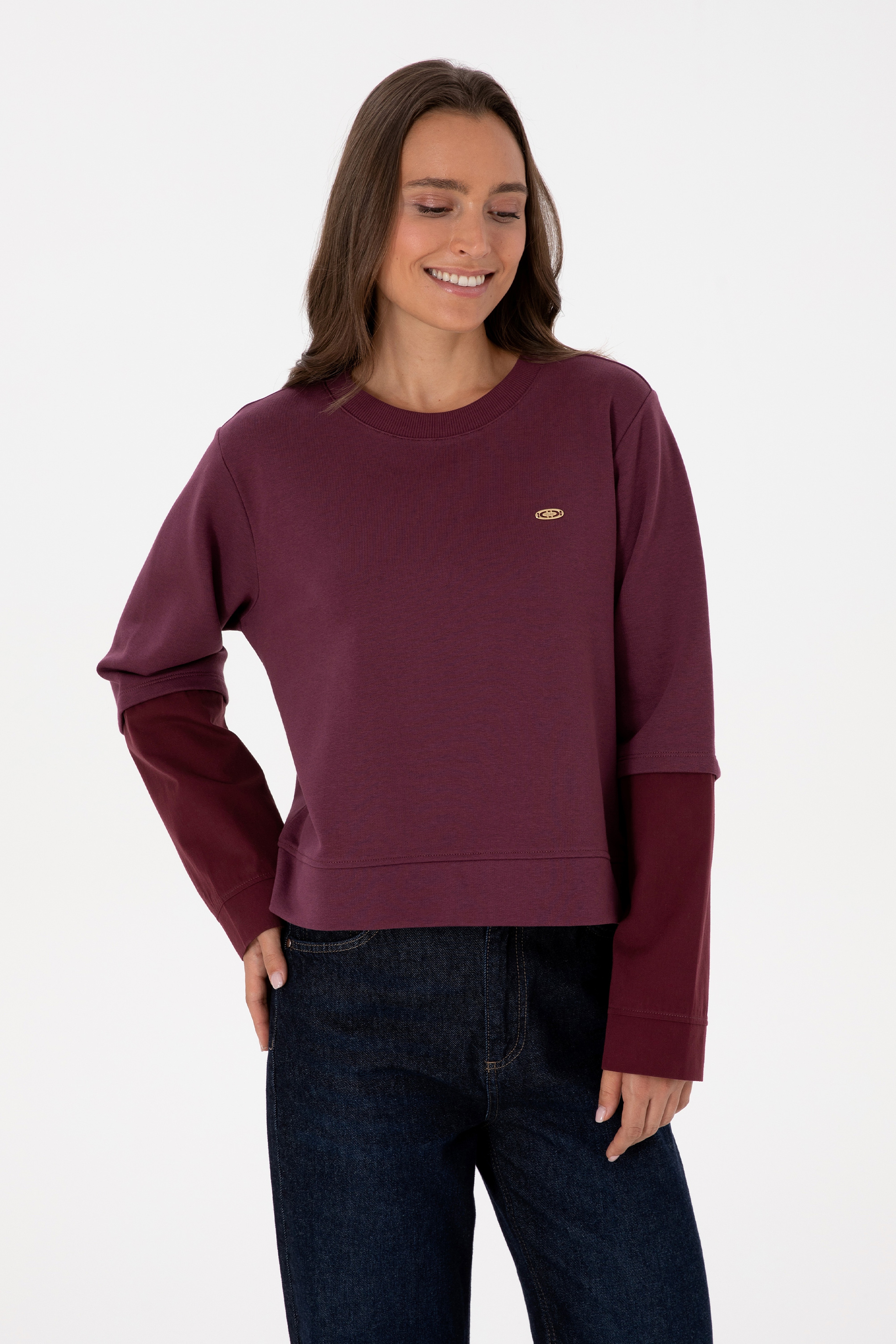 Kadın Bordo Gömlek Detaylı Bisiklet Yaka Sweatshirt