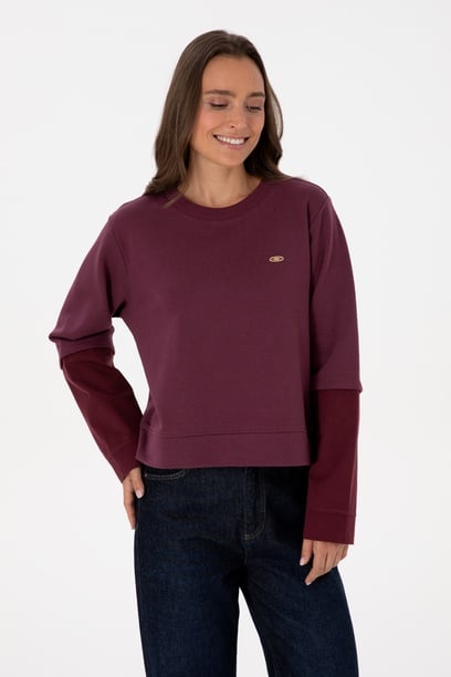 Kadın Bordo Gömlek Detaylı Bisiklet Yaka Sweatshirt