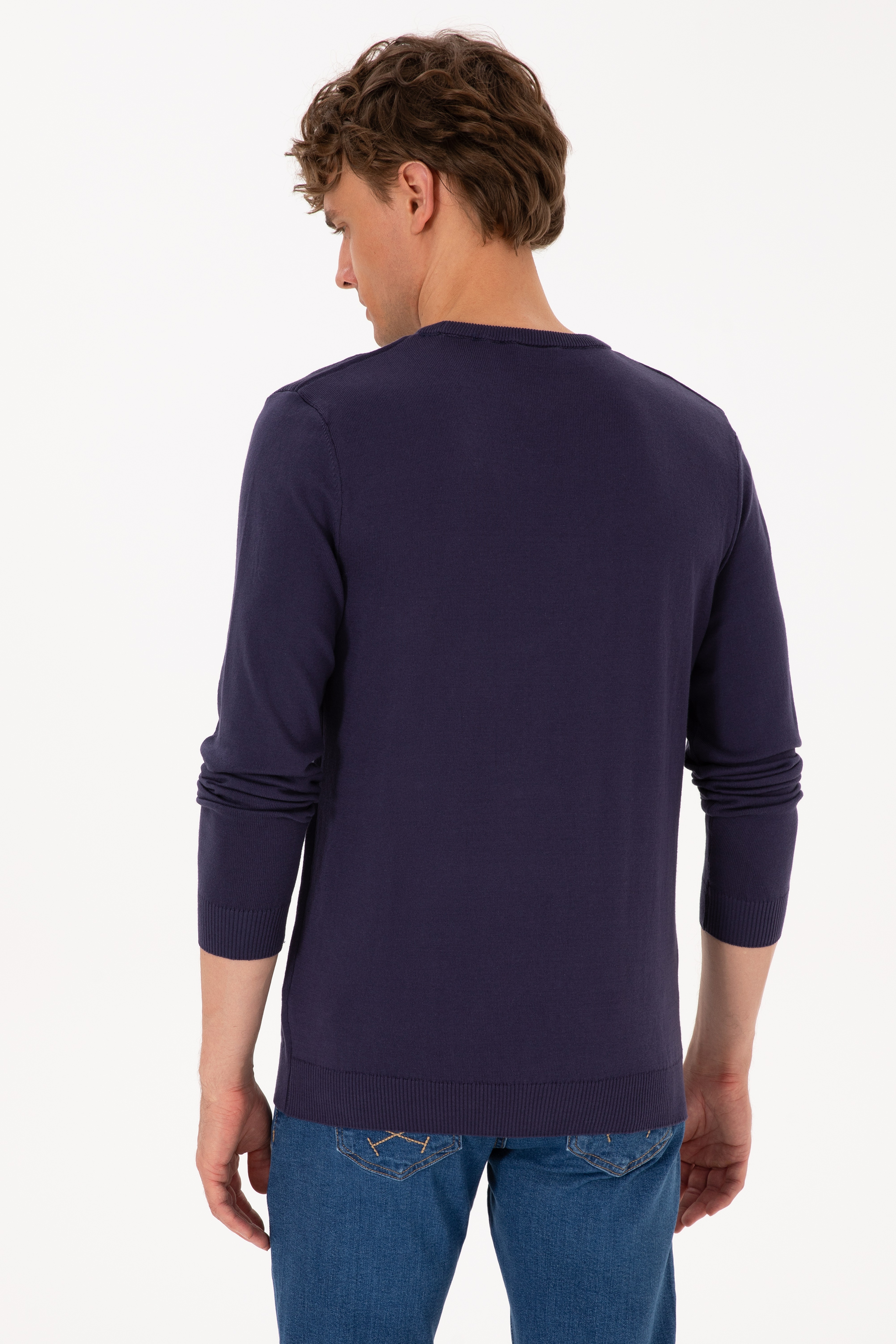 Erkek Slim Fit Bisiklet Yaka Mürdüm Basic Kazak - Image 5