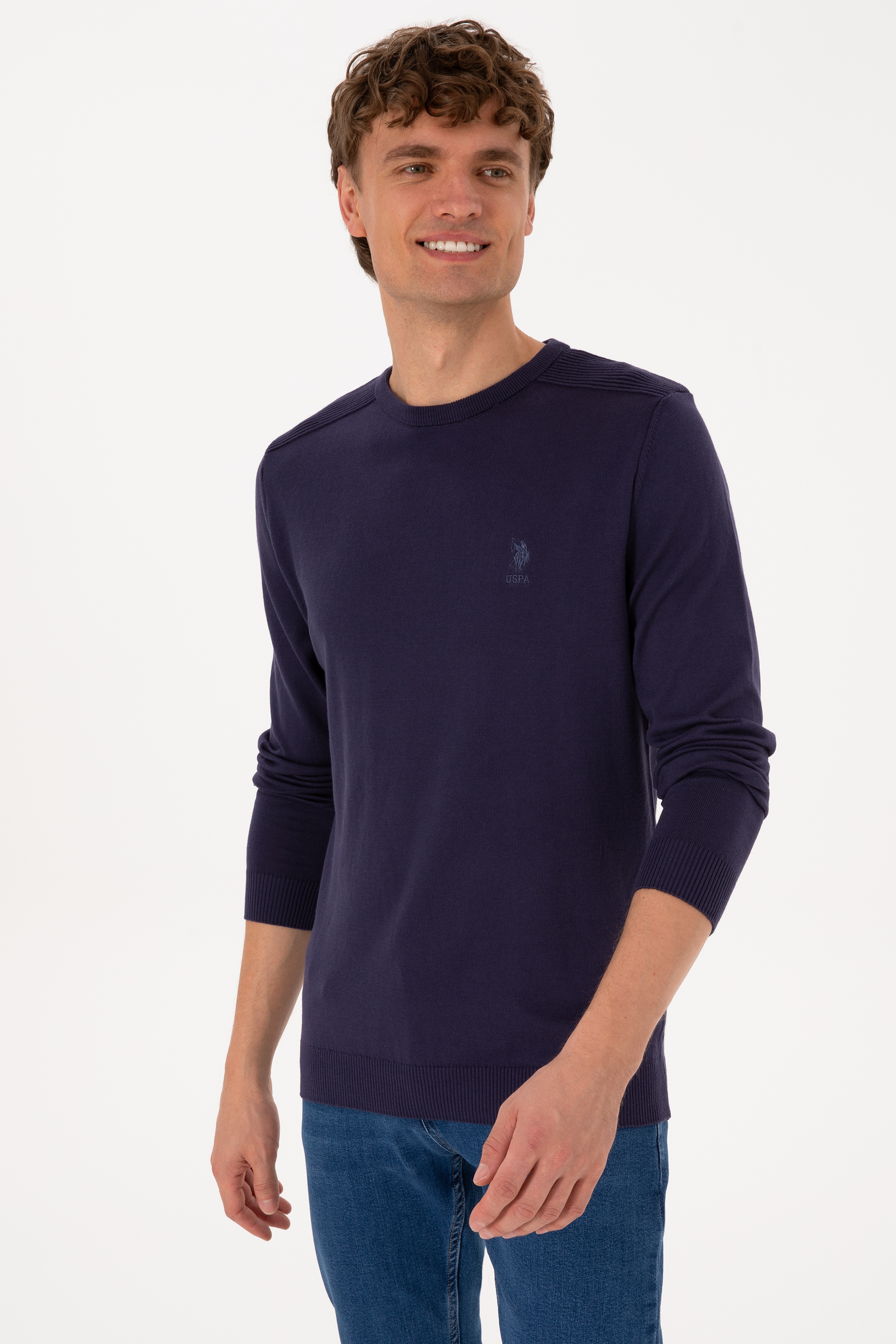 Erkek Slim Fit Bisiklet Yaka Mürdüm Basic Kazak - Image 3