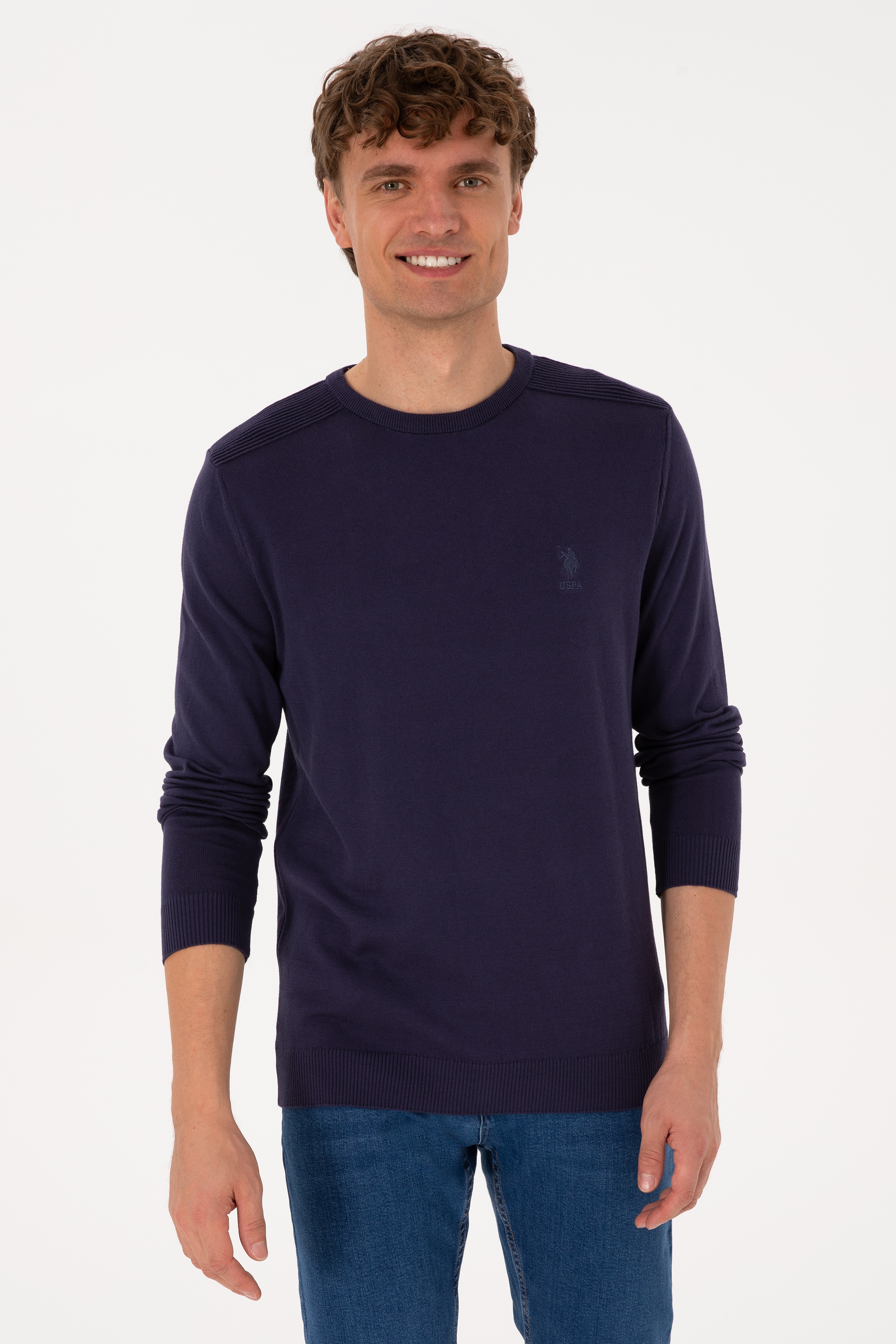 Erkek Slim Fit Bisiklet Yaka Mürdüm Basic Kazak - Image 1