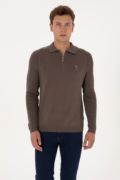 Erkek Slim Fit Yarım Fermuarlı Polo Yaka Vizon Kazak