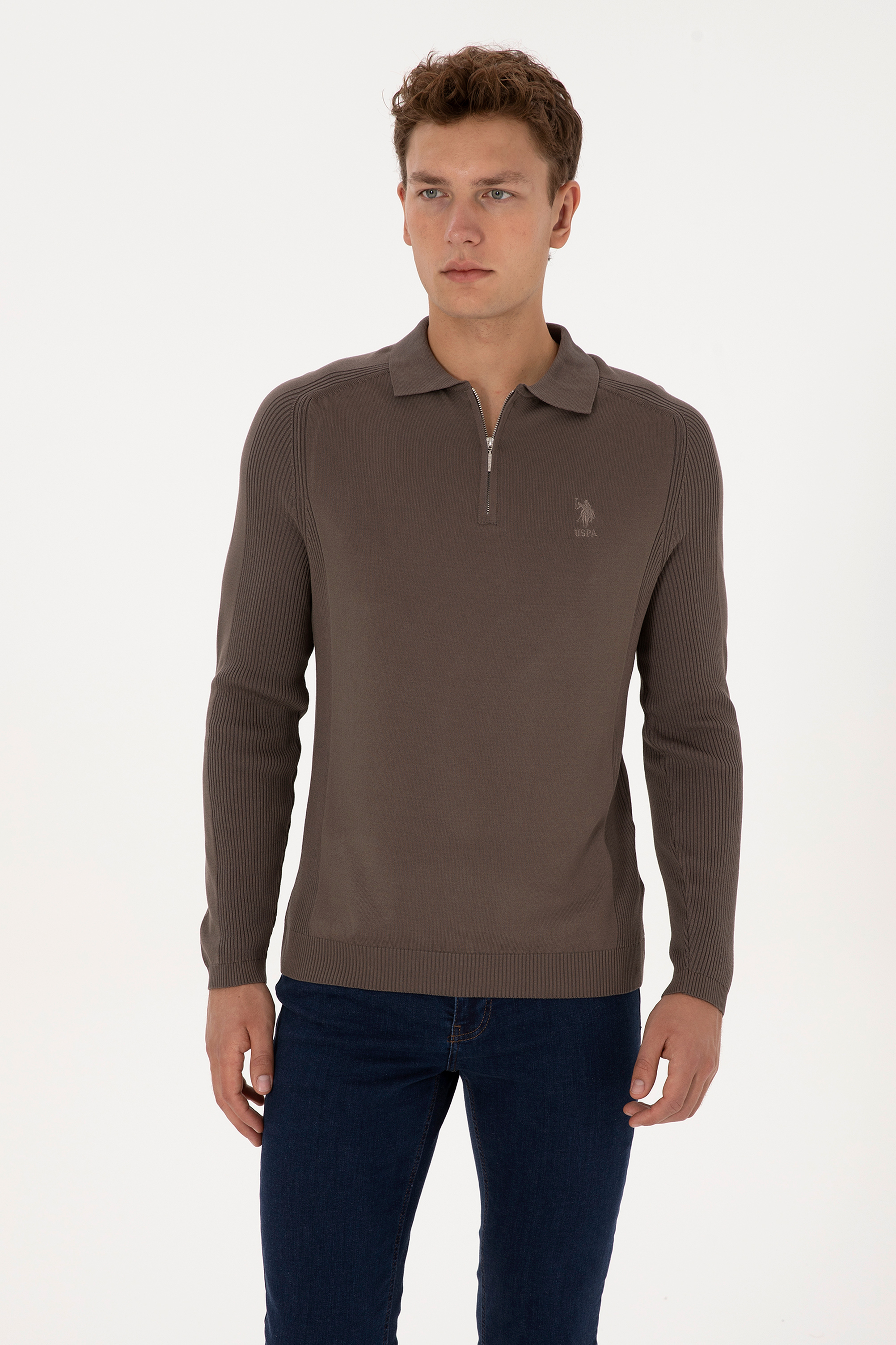 Erkek Slim Fit Yarım Fermuarlı Polo Yaka Vizon Kazak