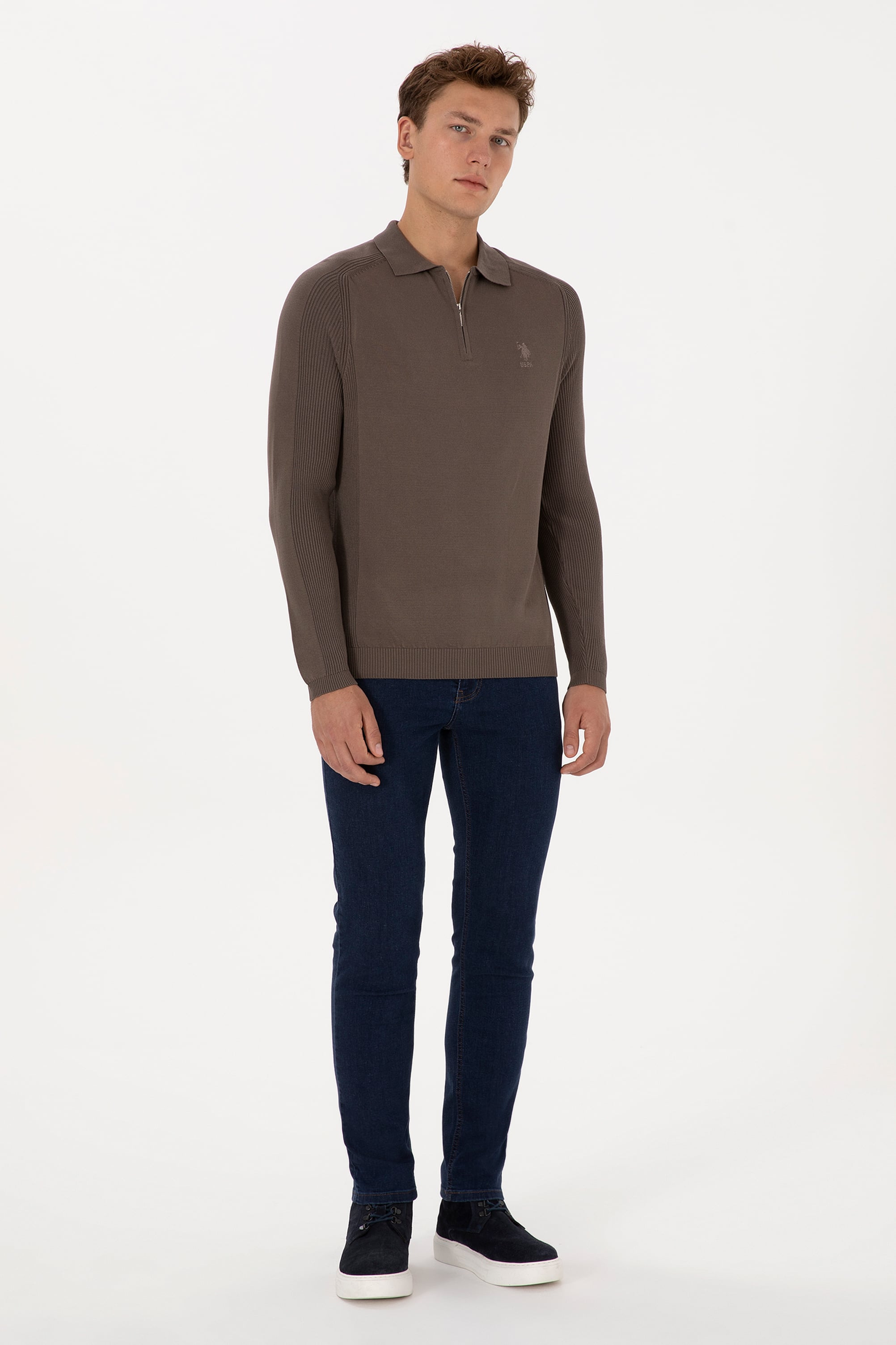 Erkek Slim Fit Yarım Fermuarlı Polo Yaka Vizon Kazak