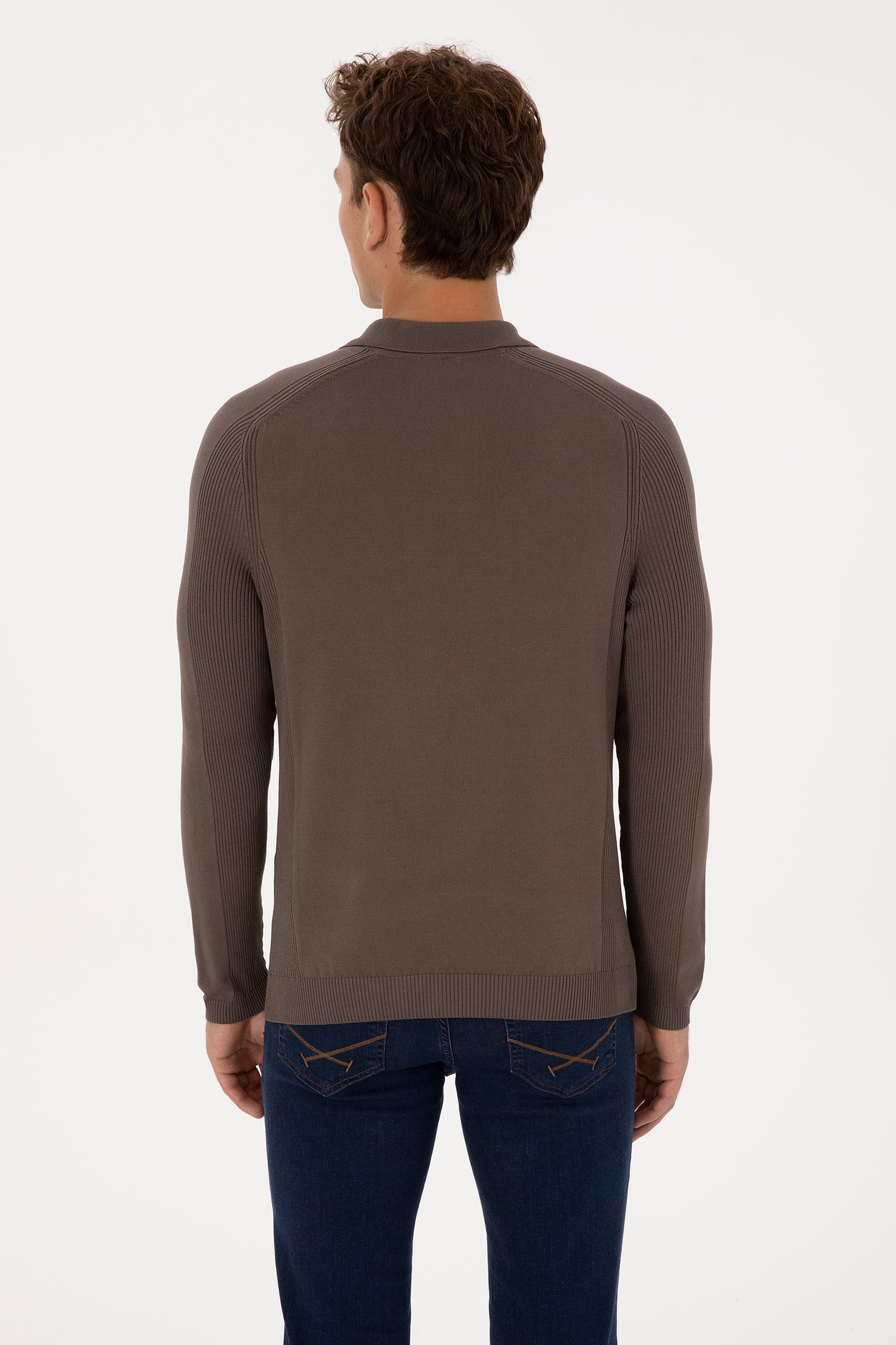 Erkek Slim Fit Yarım Fermuarlı Polo Yaka Vizon Kazak