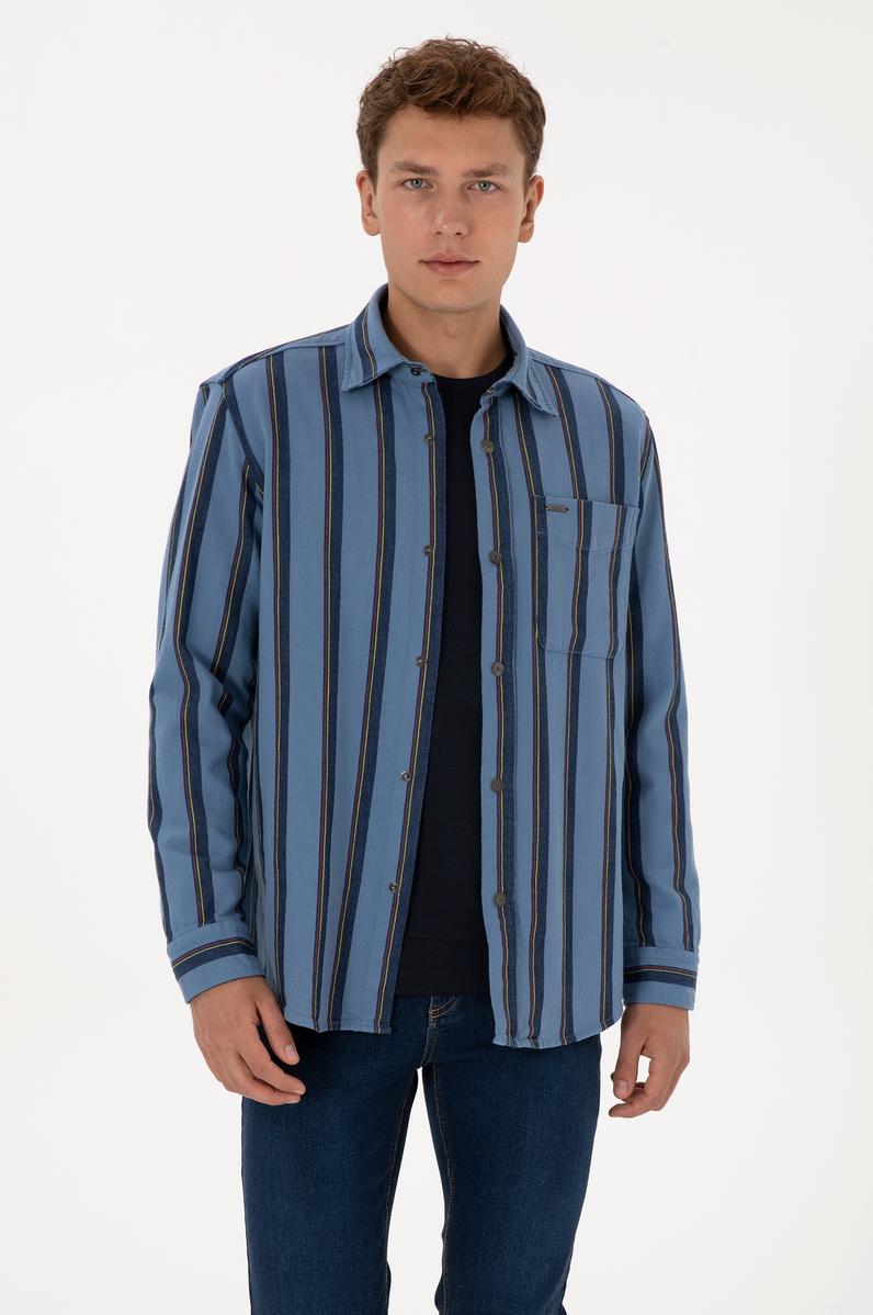 Erkek Lacivert Çizgili Uzun Kollu Cepli Mavi Gömlek