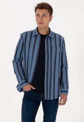 Erkek Lacivert Çizgili Uzun Kollu Cepli Mavi Gömlek - 50308503008