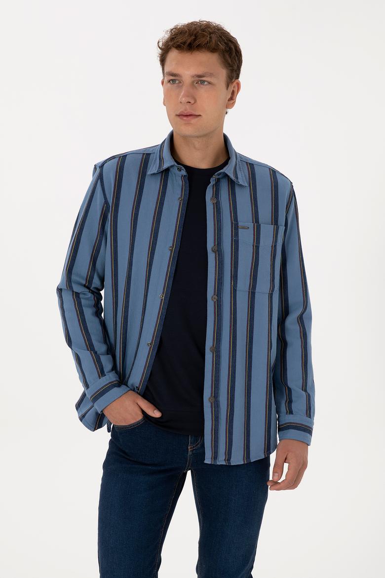 Erkek Lacivert Çizgili Uzun Kollu Cepli Mavi Gömlek - 50308503008