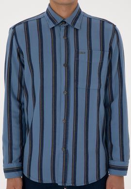 Erkek Lacivert Çizgili Uzun Kollu Cepli Mavi Gömlek - 50308503008