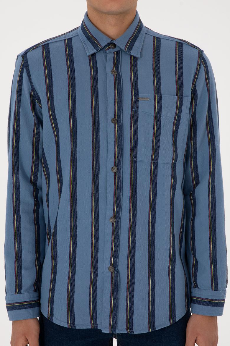 Erkek Lacivert Çizgili Uzun Kollu Cepli Mavi Gömlek - 50308503008