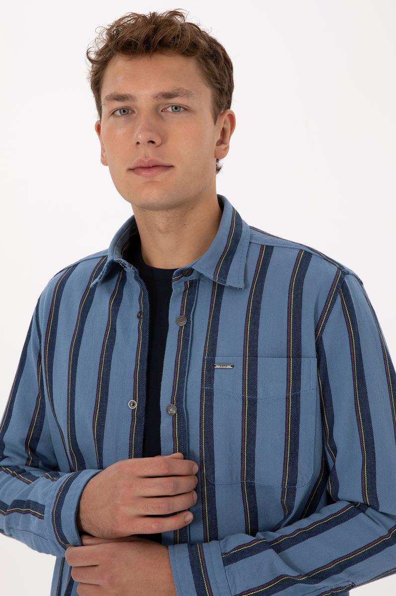 Erkek Lacivert Çizgili Uzun Kollu Cepli Mavi Gömlek
