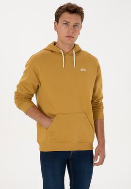 Erkek Oversize Fit Kapüşonlu Şardonlu Hardal Basic Sweatshirt - 50313782206