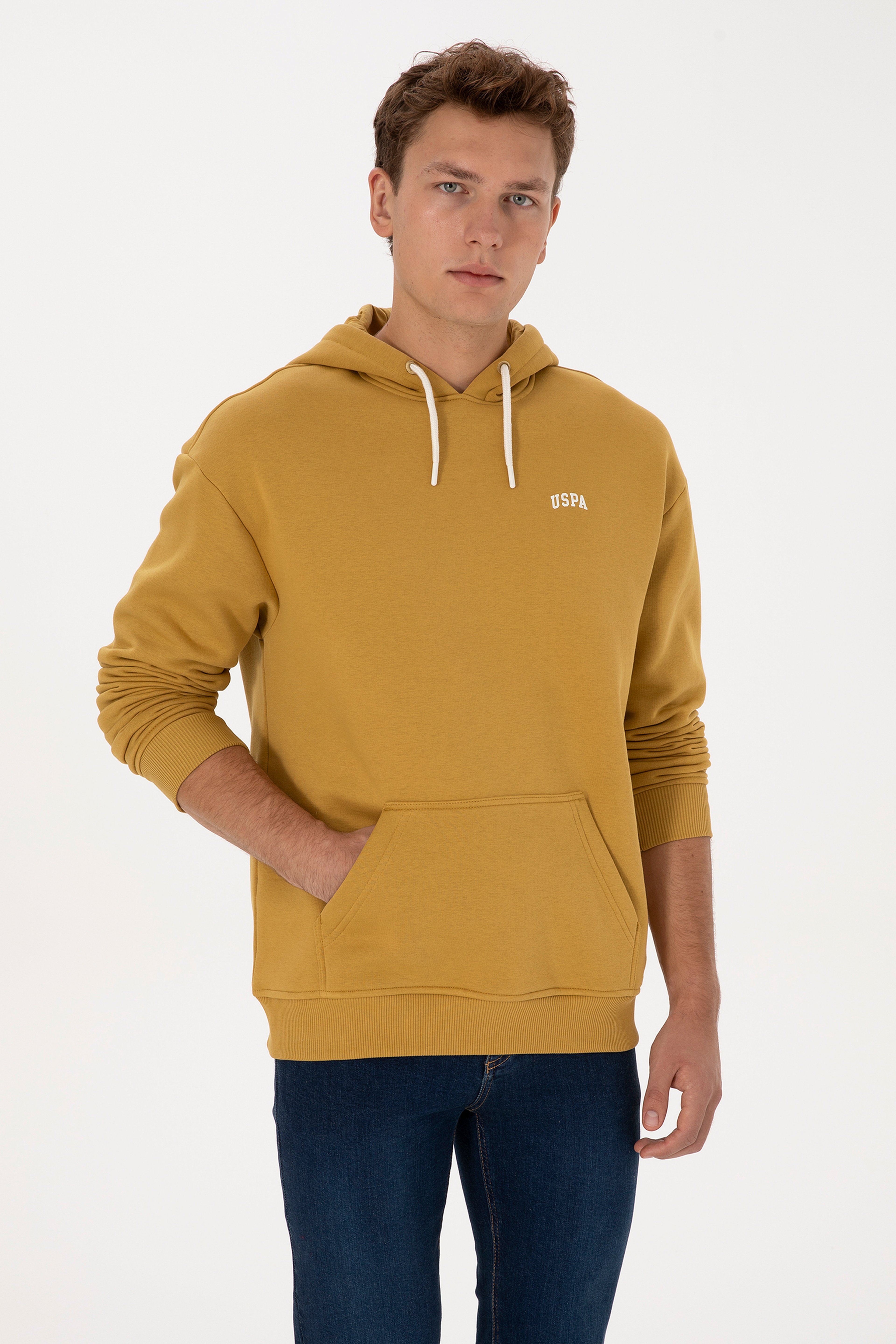 Erkek Oversize Fit Kapüşonlu Şardonlu Hardal Basic Sweatshirt - Image 1