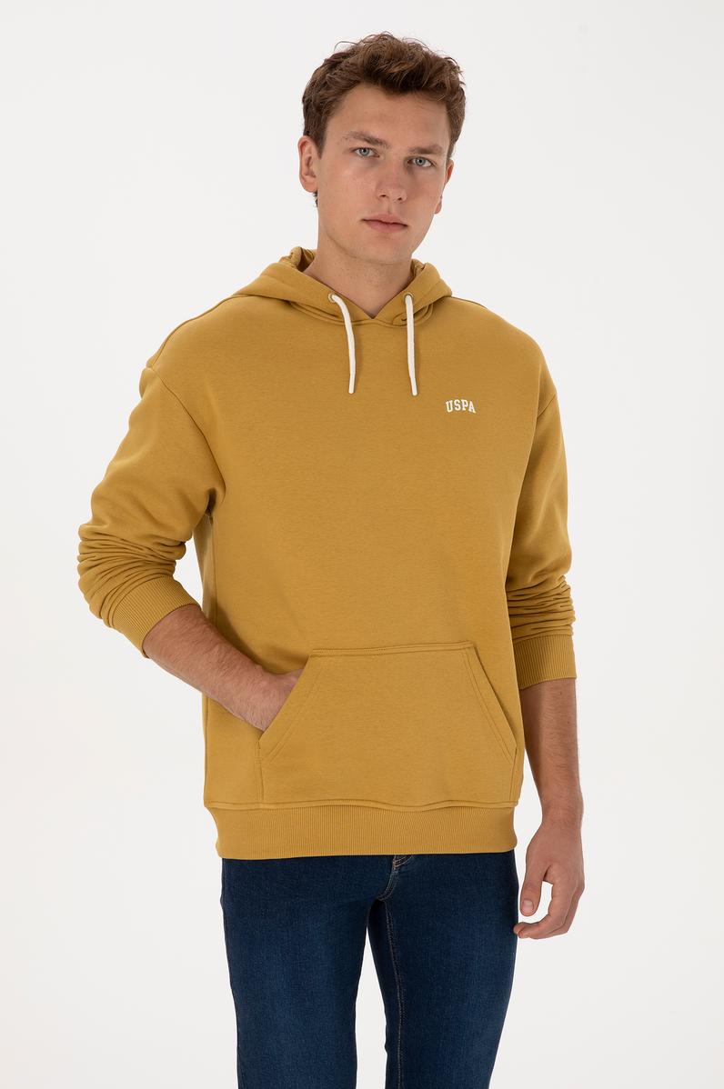 Erkek Oversize Fit Kapüşonlu Şardonlu Hardal Basic Sweatshirt
