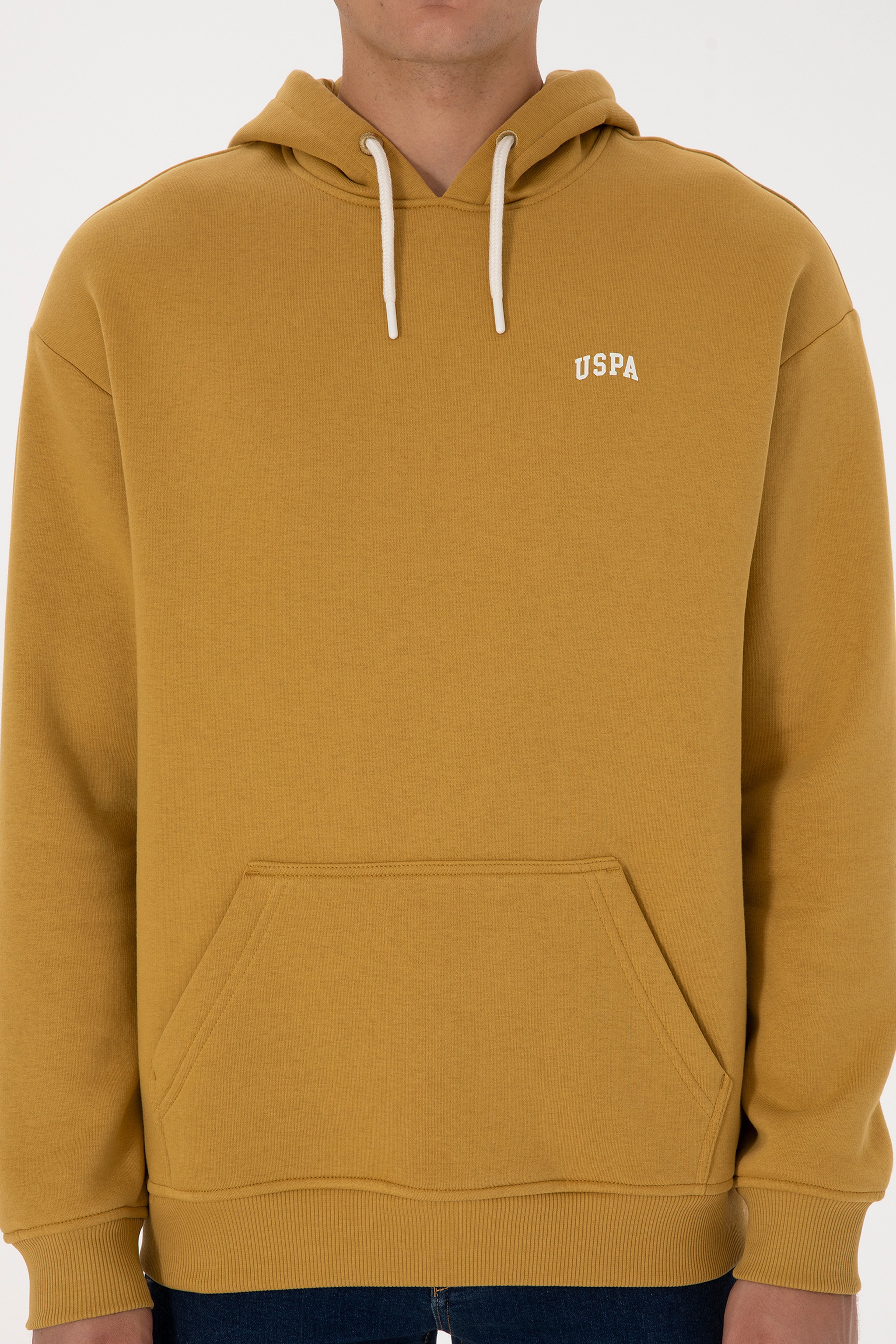 Erkek Oversize Fit Kapüşonlu Şardonlu Hardal Basic Sweatshirt - Image 6