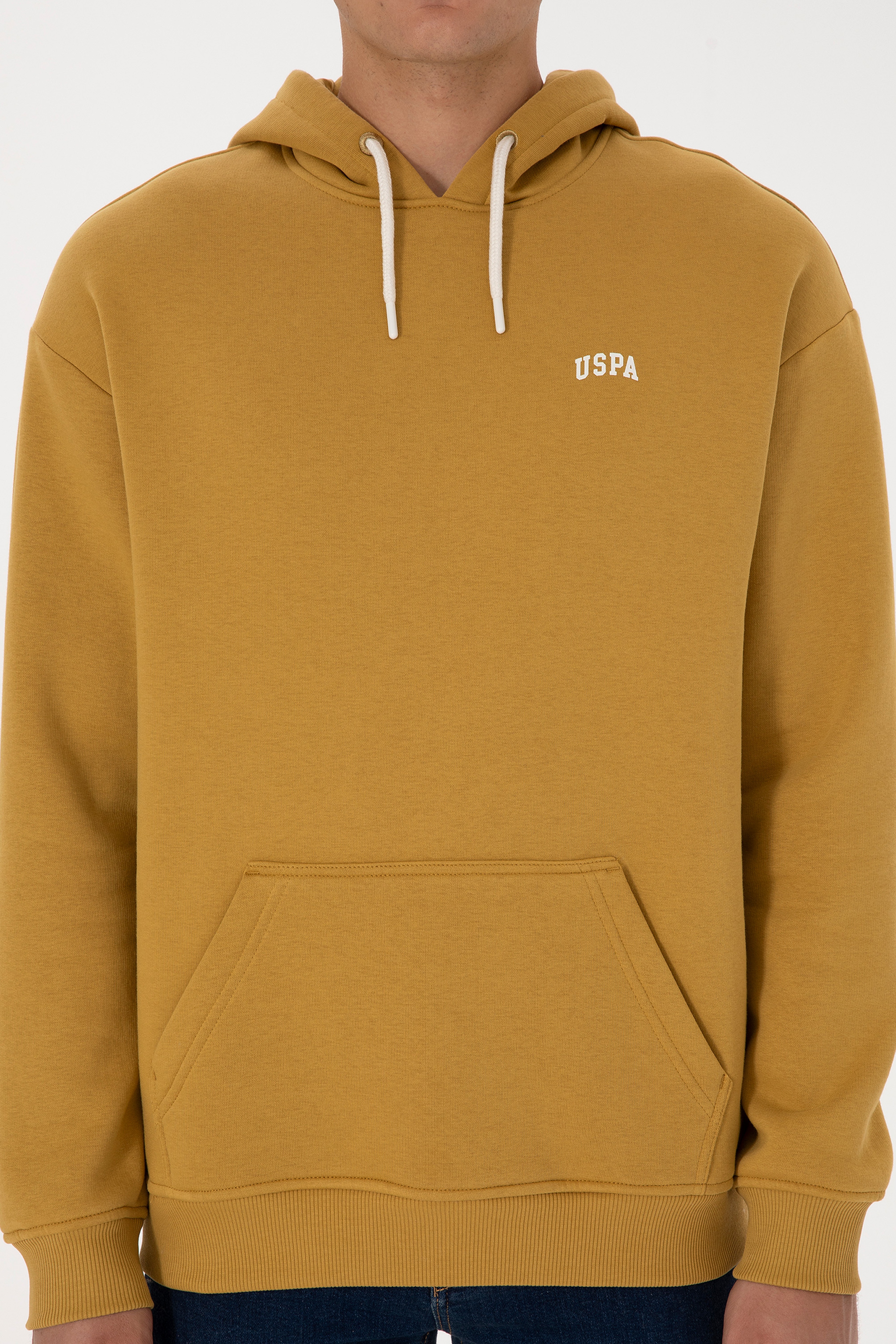 Erkek Oversize Fit Kapüşonlu Şardonlu Hardal Basic Sweatshirt