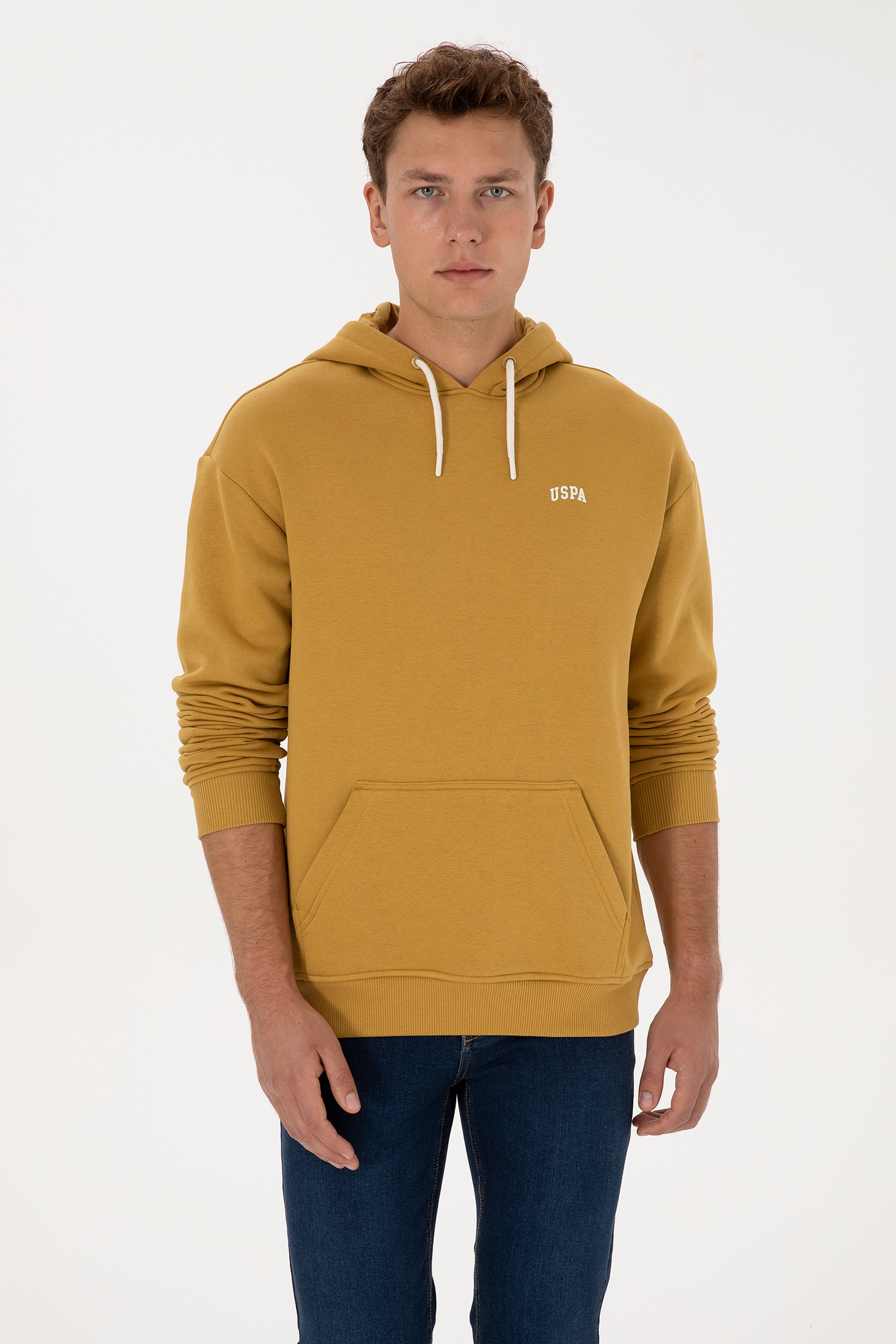 Erkek Oversize Fit Kapüşonlu Şardonlu Hardal Basic Sweatshirt