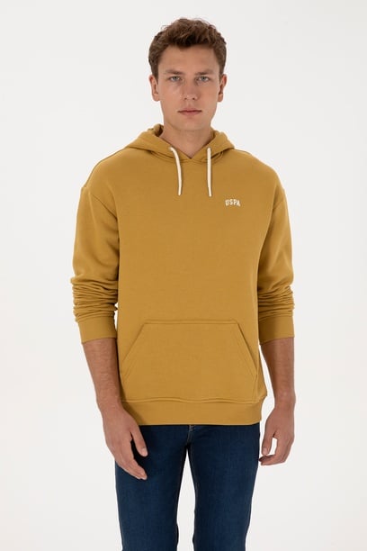 Erkek Oversize Fit Kapüşonlu Şardonlu Hardal Basic Sweatshirt